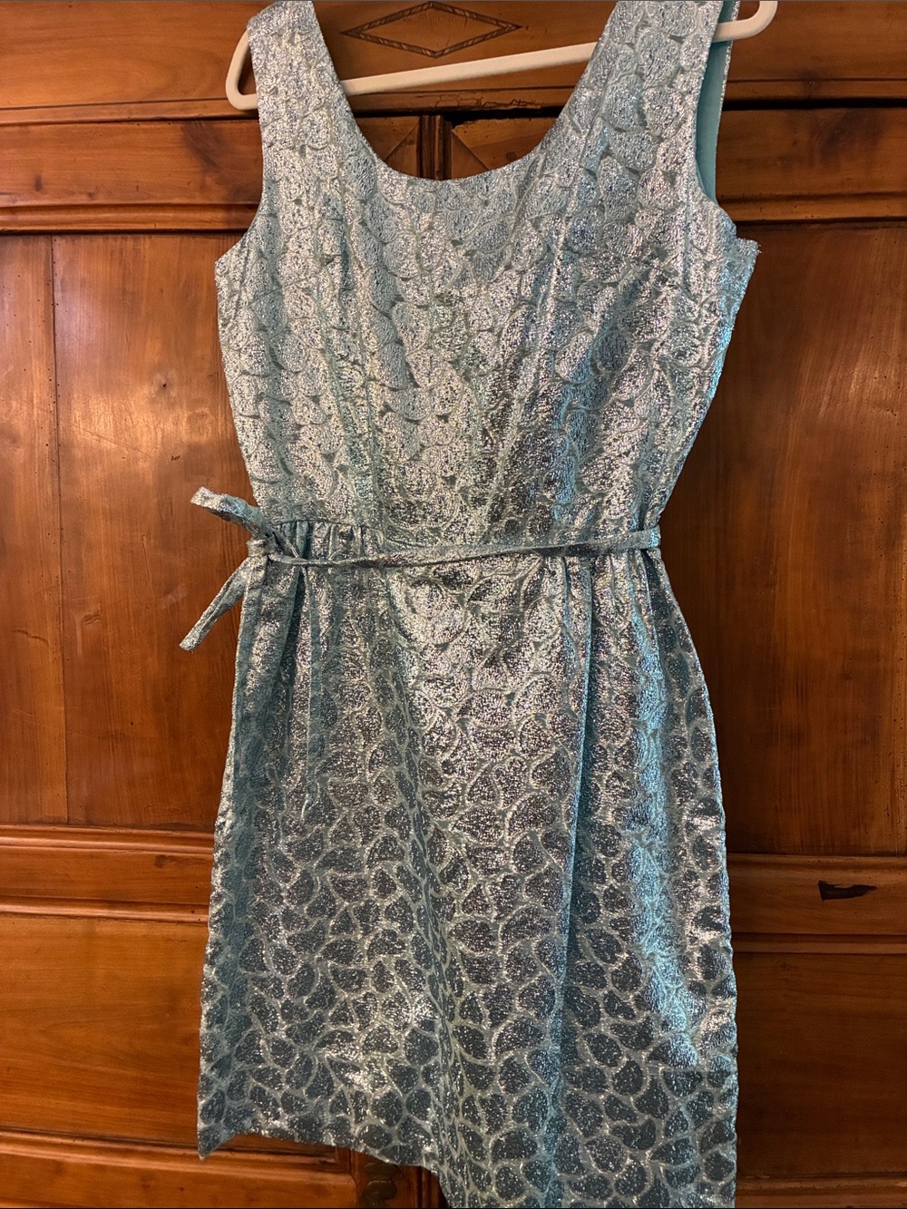 Vintage baby blue metallic shift dress (handmade) 1960’s? (L to XL)